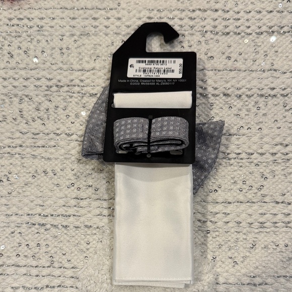 Alfani Charcoal Bow Tie and Ivory Pocket Square Set - Picture 3 of 5